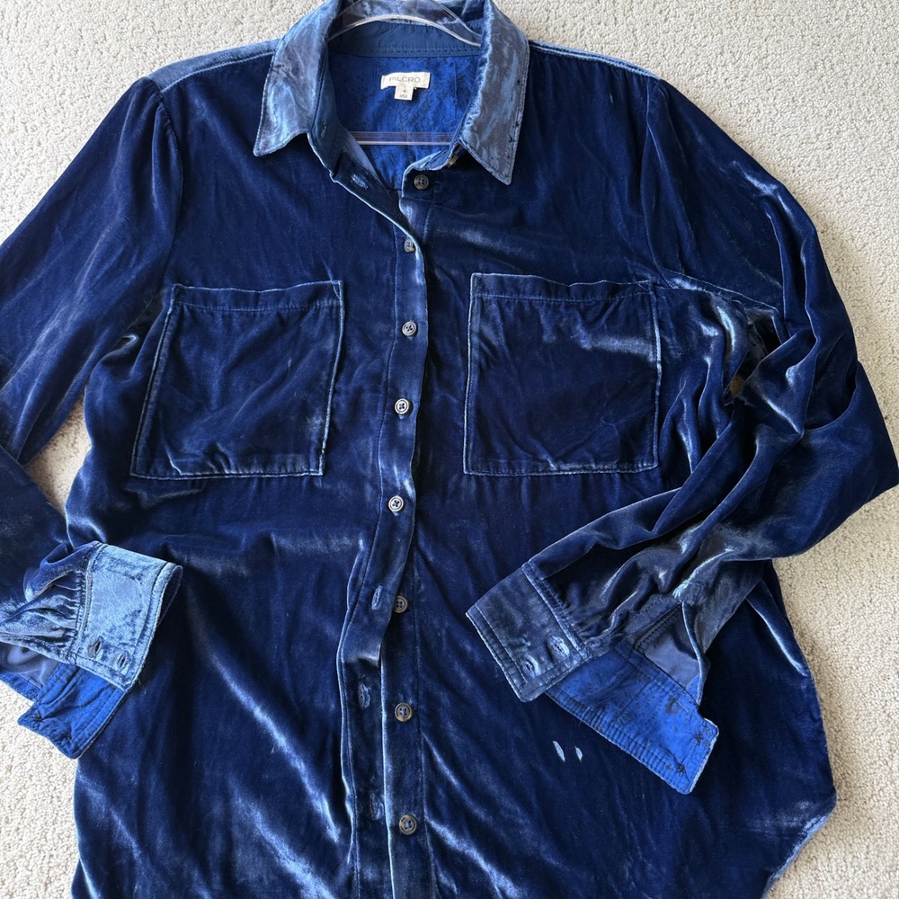 Pilcro Velvet Button Down Shirt Womens Medium Navy Blue Long Sleeve Pockets
